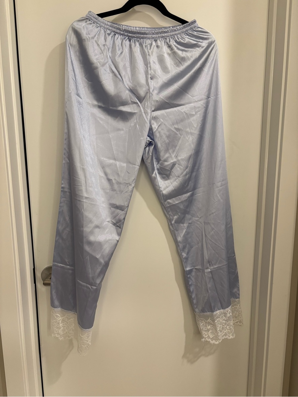 Blue Satin Pants with Lace Trim